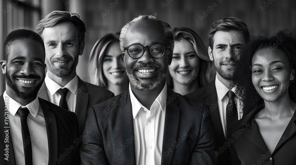 A black-and-white photograph of a group of diverse businessmen and businesswomen, professional corporate photograph of diverse businesspeople
