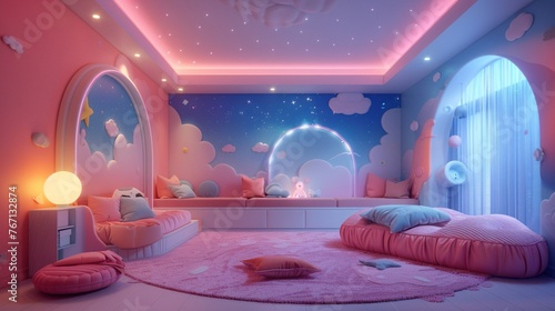 a modern children's room with a colorful background reminiscent of luminous skies