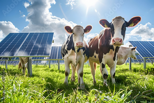 Three cows in front, solar panel in background, Animal meets technologie, renewable power source, green energy from sun