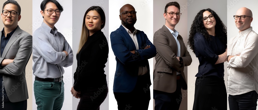 Portraits of 7 professional, diverse and multiethnic businesspeople posing casually