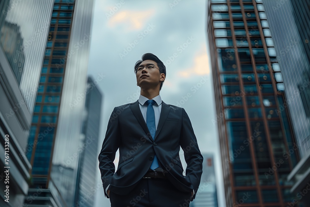 A confident and highly successful Asian businessman is standing in the middle of skyscrapers