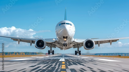 An airplane taking off at an airport on a sunny day with blue skies