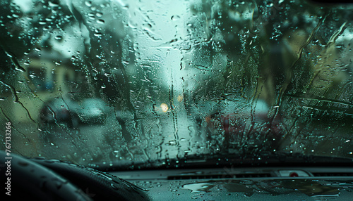 Rain drops on the windshield. in the atmosphere of the road in the rain photo