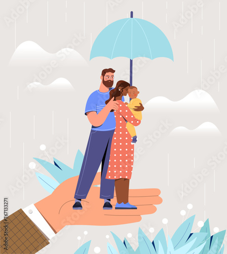 Life insurance concept. Family with umbrella at big hand. Father and mother with kid. Finacial deals and agreements. Medical support for people. Cartoon flat vector illustration
