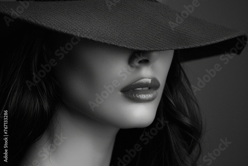 A woman with a black hat and red lips