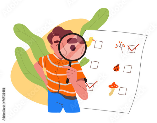 List of finds in forest. Boy with magnifying glass near paper with mushrooms, leaves and branches. Education and learning, training. Cartoon flat vector illustration isolated on white background