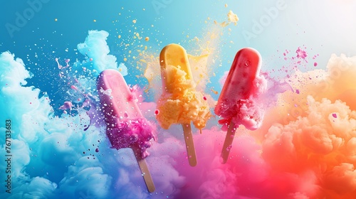 a stunning minimalist vector art poster for a luxurious ice cream shop, featuring popsicle elements bursting into the air amidst vibrant, intense colors. photo