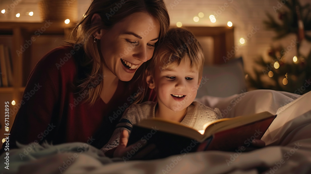 Mother reading a bedtime story book to her son together in bed at night.Reading for helps kids' brain development concept. Mother reading a bedtime story book to her son together in bed at night.Reading for helps kids' brain development concept.