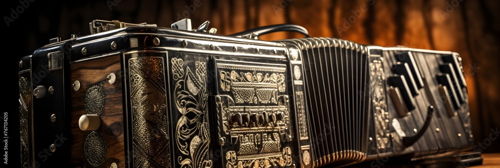 Vintage Accordion: A Tribute to the Rich History of Music - Stock Photo - obrazy, fototapety, plakaty 