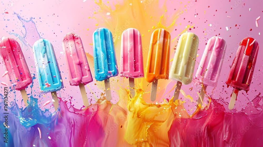 a stunning minimalist vector art poster for a luxurious ice cream shop, featuring popsicle elements bursting into the air amidst vibrant, intense colors.