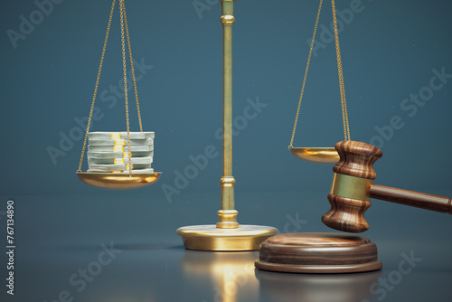 Scales of Justice Balancing Money Against a Judge's Gavel in Legal Decision