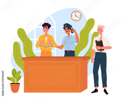 Prisoner in court. Man in orange suit with policemen guard. Laws and jyrisprudence, legal process. Execution and punishment for criminal. Cartoon flat vector illustration isolated on white background
