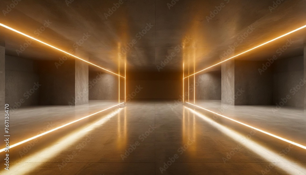 futuristic sci fi orange neon tube lights glowing in concrete floor room with refelctions empty space 3d rendering
