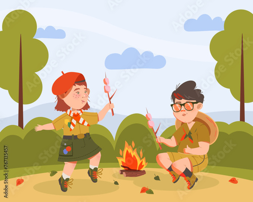 Boy and Girl Scout Character Frying Marshmallow at Fire Vector Illustration