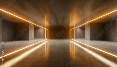 futuristic sci fi orange neon tube lights glowing in concrete floor room with refelctions empty space 3d rendering photo