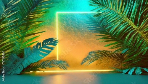 green and blue neon light with tropical leaves