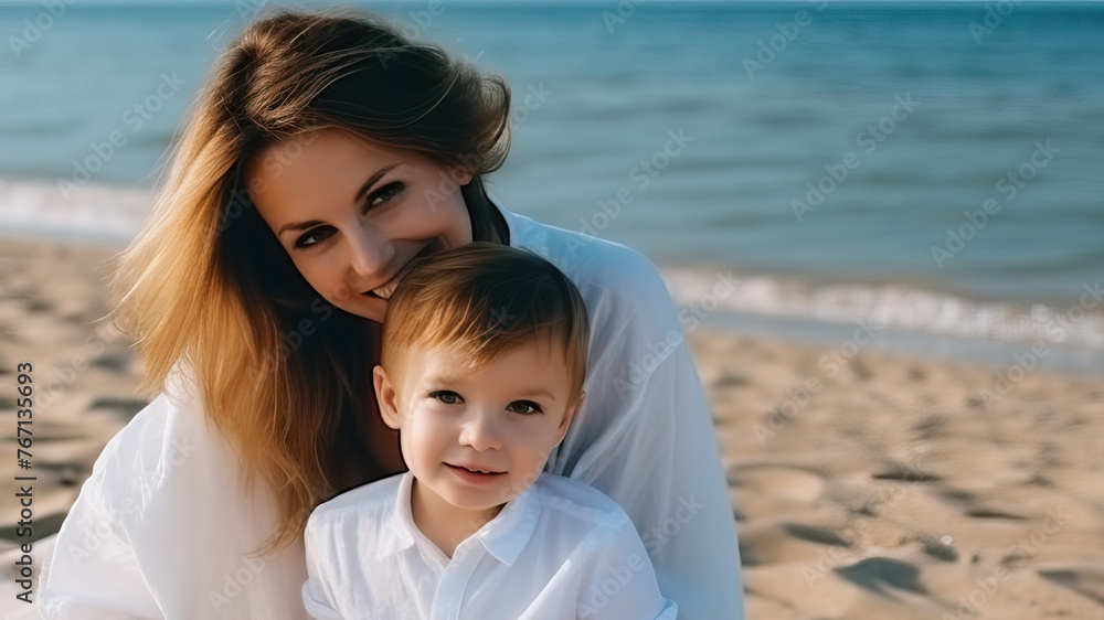 Mother and Son Beach Portrait Against Sea Background