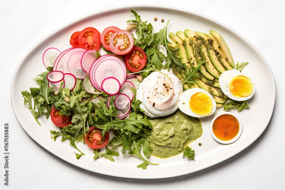 Radishes, Tomatoes, Avocados, Boiled Eggs, Arugula, Guacamole, Healthy Snack Radishes, Tomatoes, Avocados, Boiled Eggs, Arugula, Guacamole, Healthy Snack