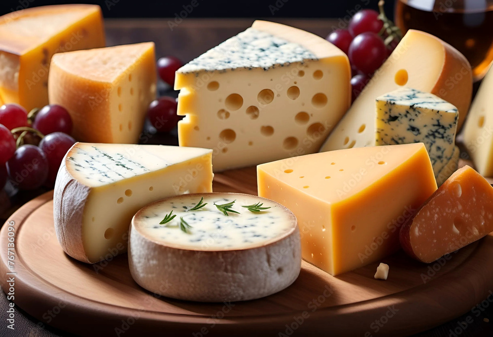 Different types of cheese on wooden board