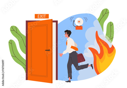Man runs away from fire. Young guy with briefcase go to exit from flame. Accident and disaster in office, emergency situation. Cartoon flat vector illustration isolated on white background
