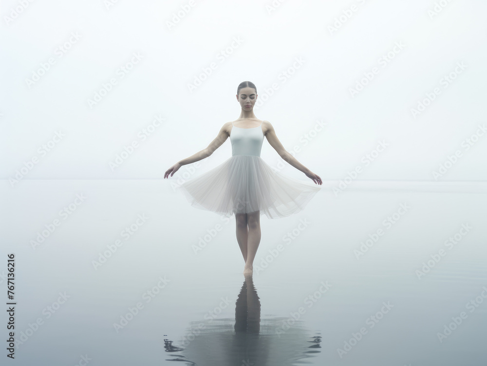 Ballerina. Young graceful ballet dancer is rehearsing a performance in a white transparent studio. Woman is practicing ballet, in ballet class. Copy space Ballerina. Young graceful ballet dancer is rehearsing a performance in a white transparent studio. Woman is practicing ballet, in ballet class. Copy space