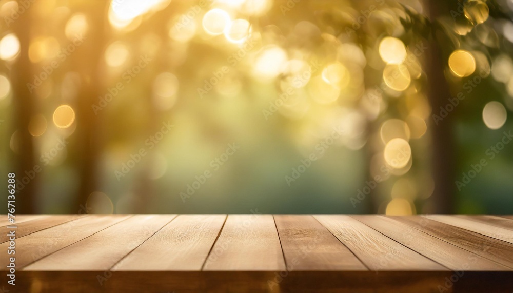 blurred background of green park in summer wood table top on shiny bokeh green background for product display
