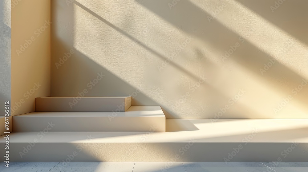 Obraz premium A minimalist interior design featuring concrete walls and floor with a sharp ray of golden sunlight casting shadows.
