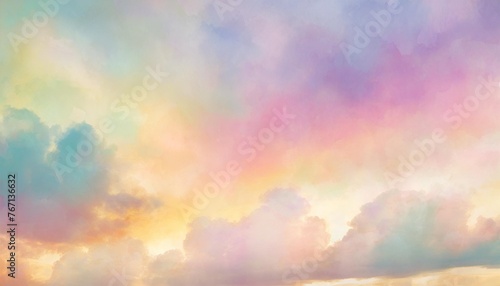 colorful watercolor background of abstract sunset sky with puffy clouds in bright rainbow colors of pink green blue yellow orange and purple #767136632