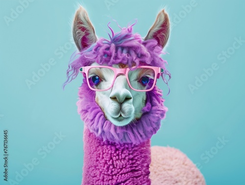 alpaca wearing pink glasses and wrapped in a scarf. vibrant magenta color background