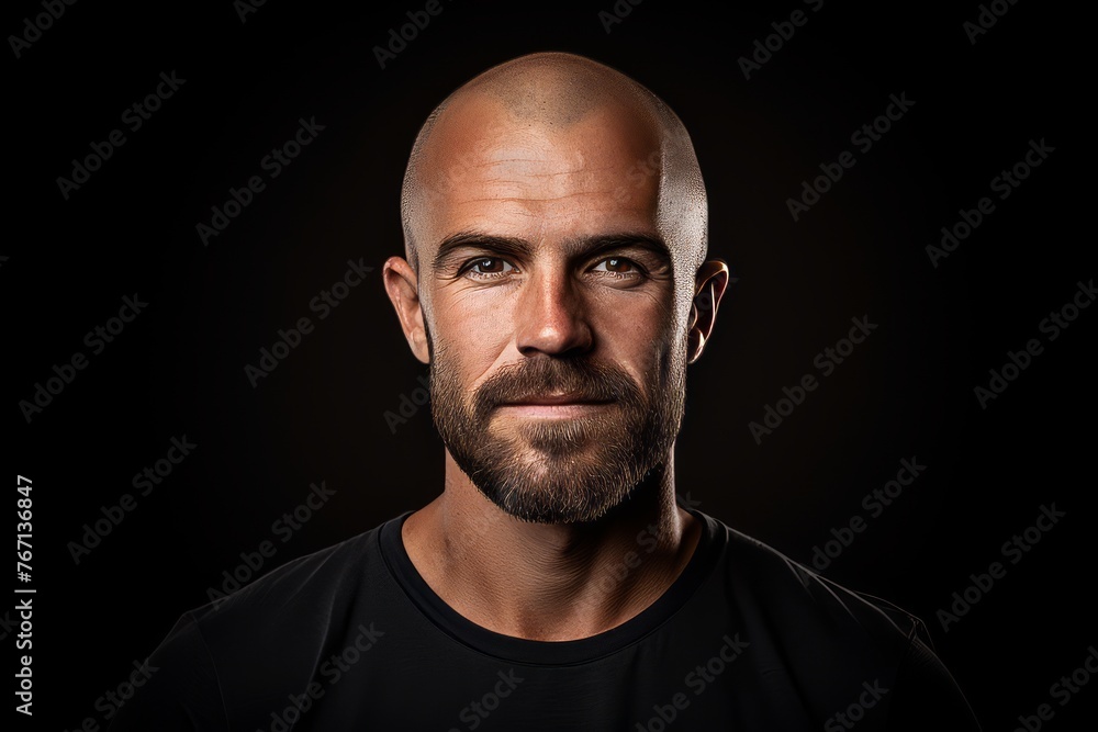 Portrait of a bald man with a beard on a black background.