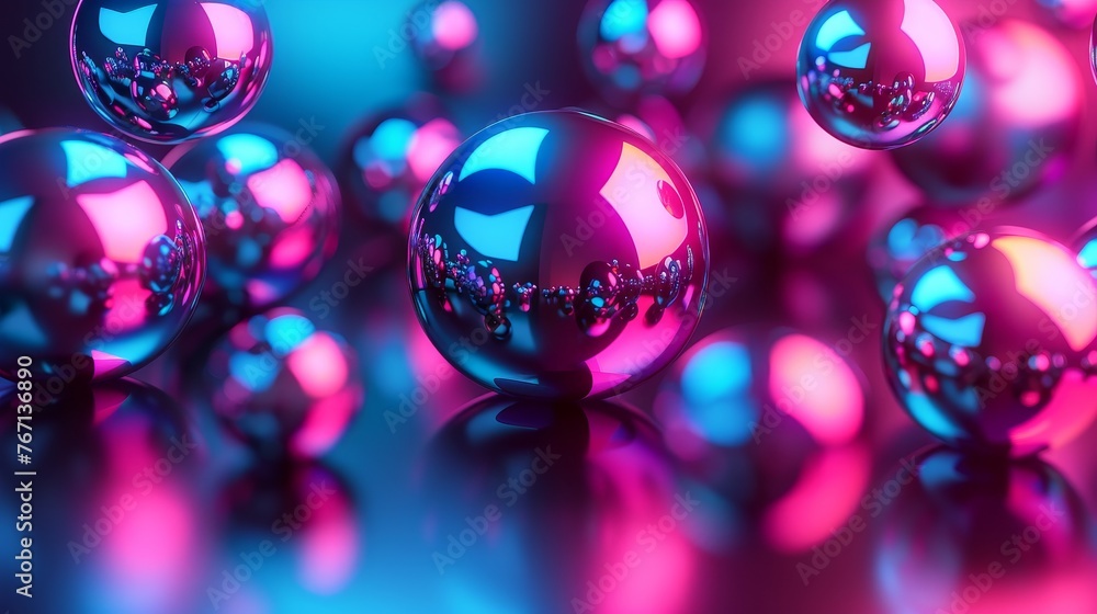 A striking 3D rendering of shiny spheres reflecting neon lights in a room, showcasing a play of pink and blue hues that create a futuristic atmosphere. A striking 3D rendering of shiny spheres reflecting neon lights in a room, showcasing a play of pink and blue hues that create a futuristic atmosphere.