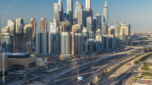 Dubai Marina towers during sunset aerial timelapse, United Arab Emirates