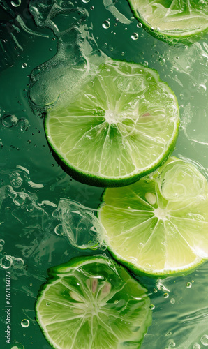 Fresh lime slices floating in sparkling water with bubbles and water droplets on the surface