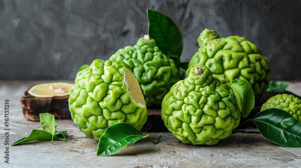 Fototapeta premium Bergamot. Citrus bergamia. Vibrant green kaffir limes with Leaves arranged on a rustic surface, showcasing their citrus freshness