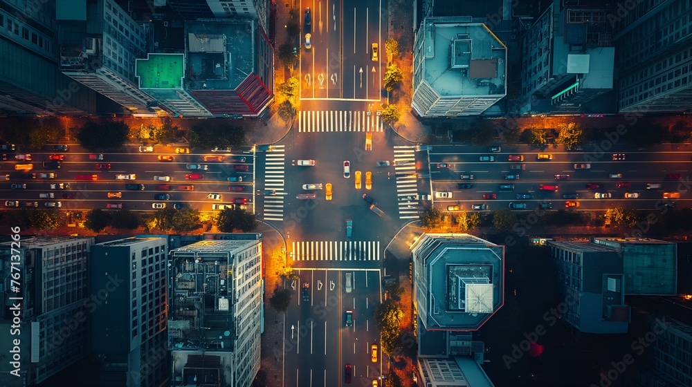 Bird's eye view from a drone of a cityscape metropolis, bustling traffic, city lights - obrazy, fototapety, plakaty 