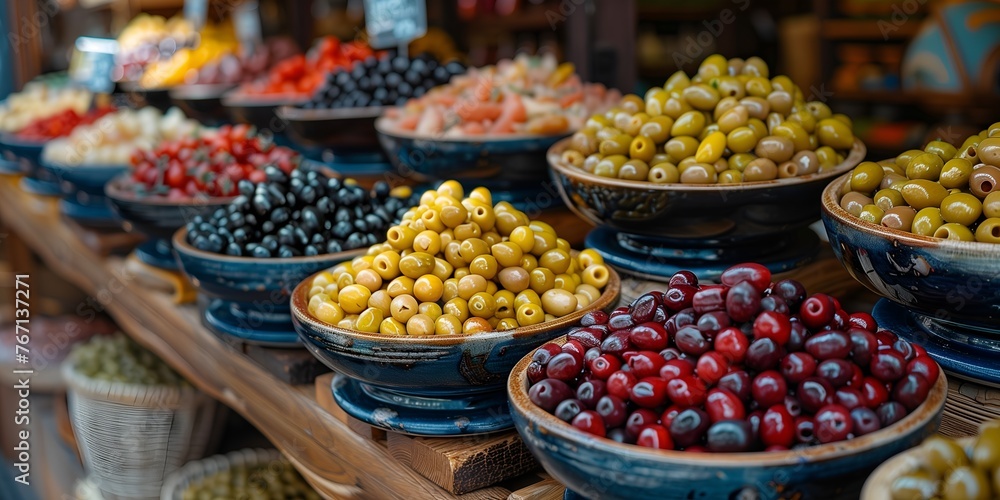 Various types and colors of fresh olives in bowls sold a market stall