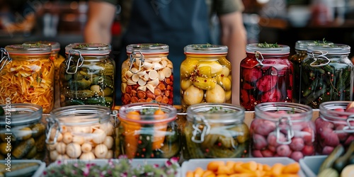 Various types of healthy pickled vegetables are sold in jars at the market stall