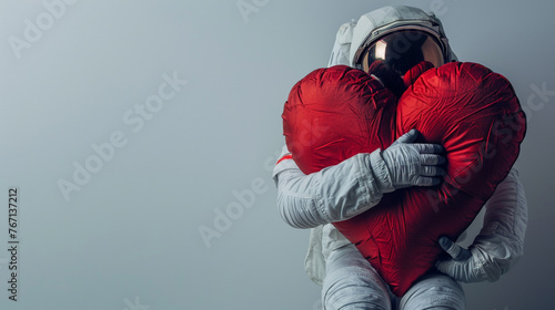 An astronaut hugging a large red heart. Plain color background. photo