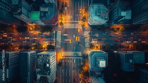 Bird's eye view from a drone of a cityscape metropolis, bustling traffic, city lights photo