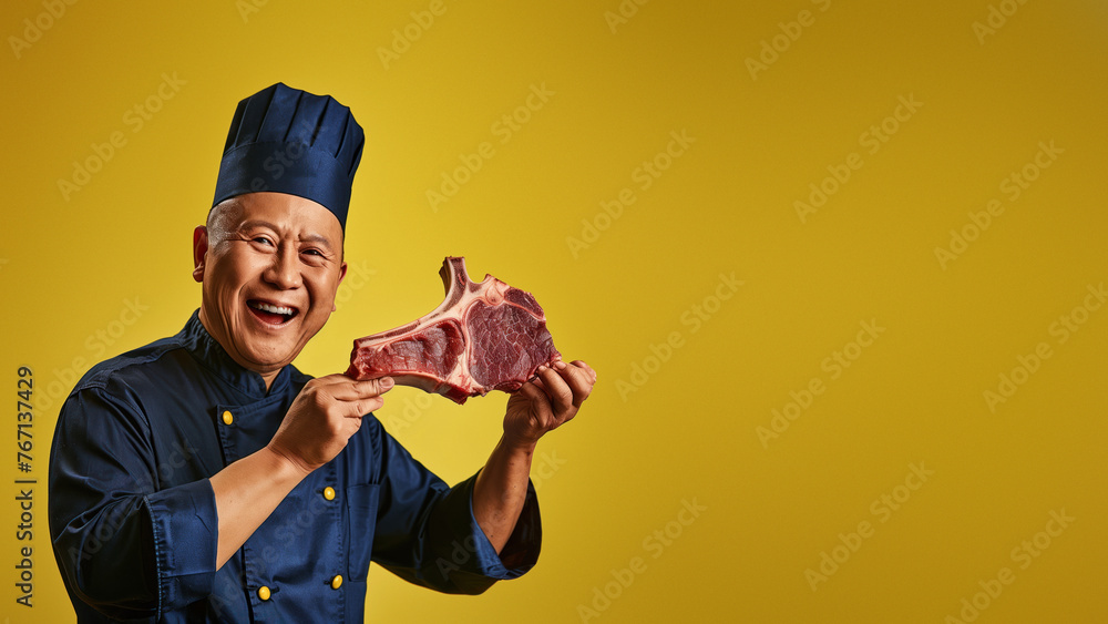 A mature Asian chef in blue laughing heartily while holding a raw meat steak, set against a yellow backdrop A mature Asian chef in blue laughing heartily while holding a raw meat steak, set against a yellow backdrop