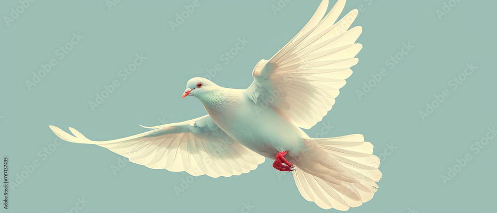 Obraz premium A serene white dove soars with wings fully spread against a tranquil teal background.