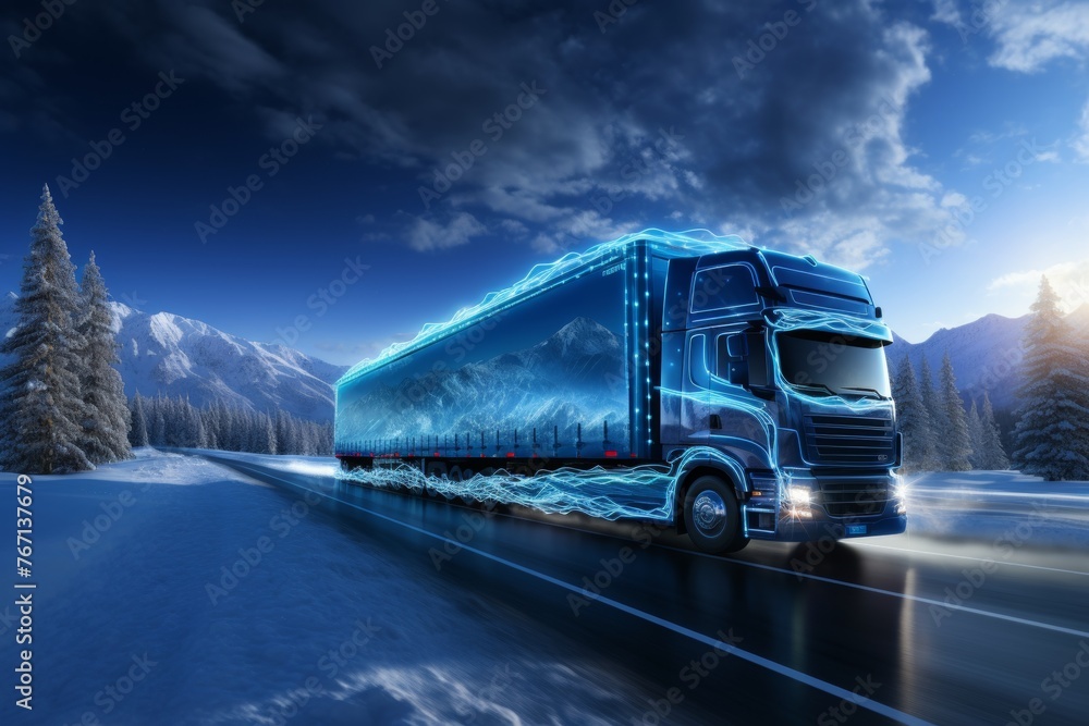 A futuristic depiction of interconnected freight transportation, featuring a blend of traditional and innovative modes of logistics, and emphasizing global digital integration and networking. - obrazy, fototapety, plakaty 