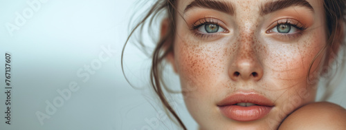 A woman with green eyes and red hair. She is wearing makeup. A woman with blue eyes and red hair. The woman has a lot of freckles on her face