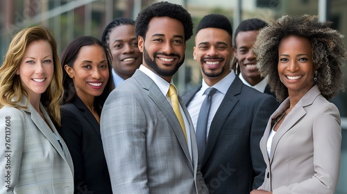 Portrait of a diverse group of professional businesspeople in front of an office building outside