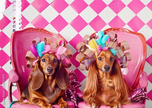 Two brown dachshunds in hairdressing chairs with curlers on their heads, pink background with diamonds, advertising poster, award winning photo. They look happy at each other. The photo is very funny