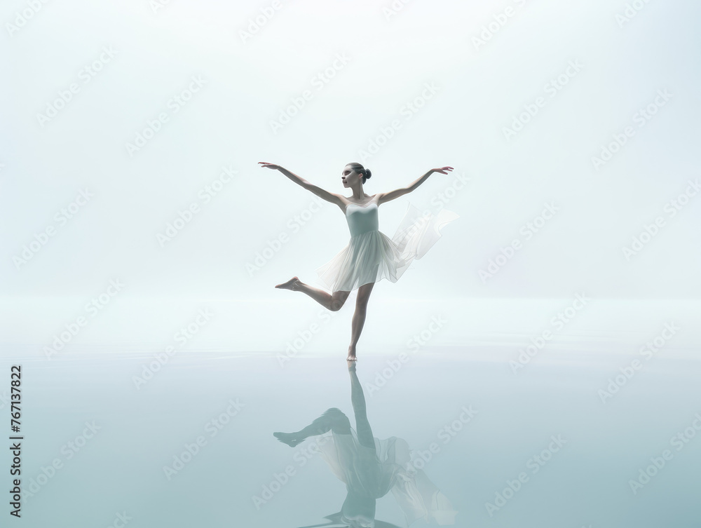 Ballerina. Young graceful ballet dancer is rehearsing a performance in a white transparent studio. Woman is practicing ballet, in ballet class. Copy space