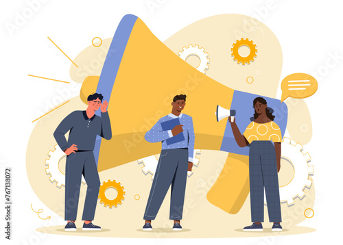 People with megaphone concept. Advertising and marketing online. Promotion in social networks and messengers. Team of marketers. Cartoon flat vector illustration isolated on white background
