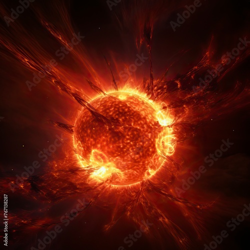 Surface of sun with prominences  solar radiation and magnetic storm