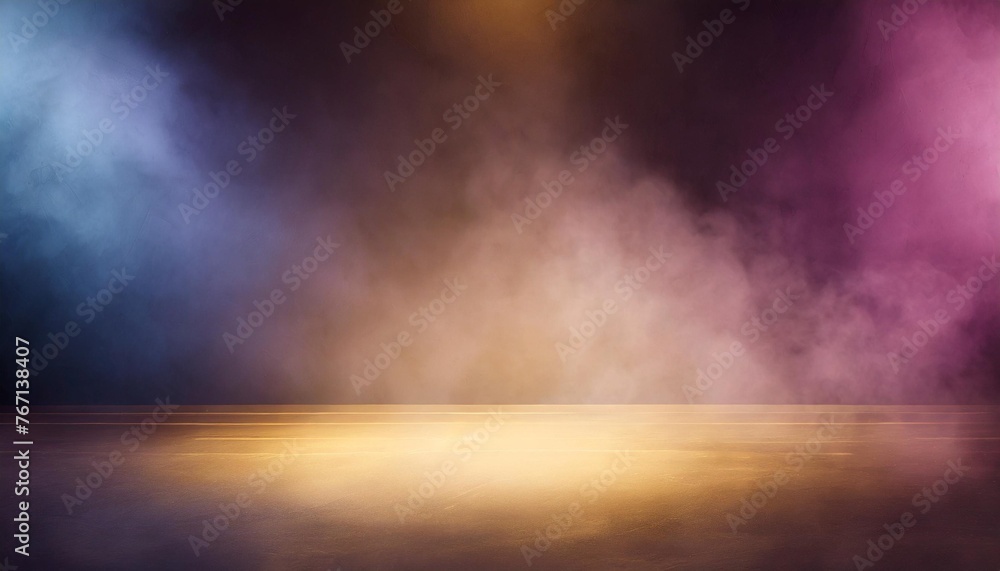 background of an empty dark room empty walls neon light smoke smog blue and pink smoke ultraviolet light in the dark