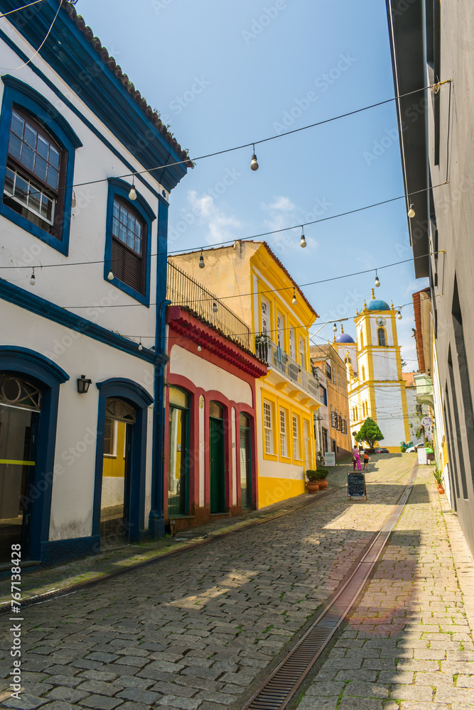 Sao Francisco de Sul, Brazil - August 22th 2023: Colonial style buildings in the historic center of São Francisco do Sul, oldest city of Santa Catarina (South of Brazil)